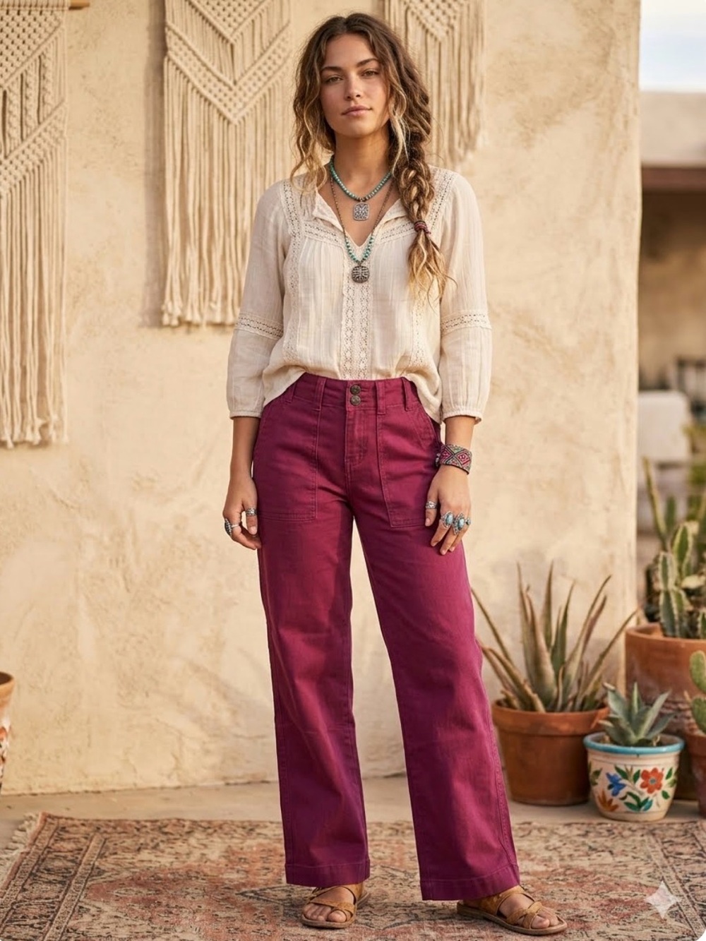 Flamingals Burgundy Oversized Pocket Jeans Pants Women’s Small